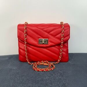 HSJ Red Quilted PU Leather Shoulder Bag Gold Turn Lock Chevron Crossbody Purse